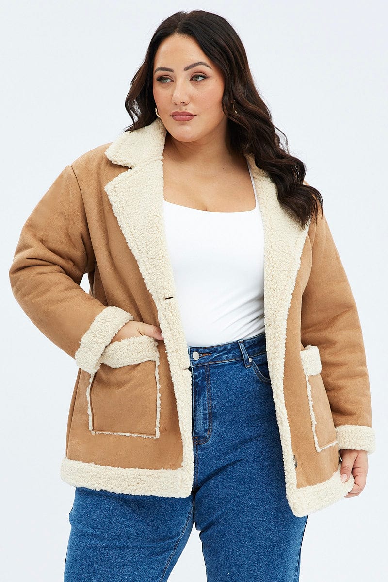 Camel Shearling Coat Faux Suede for YouandAll Fashion