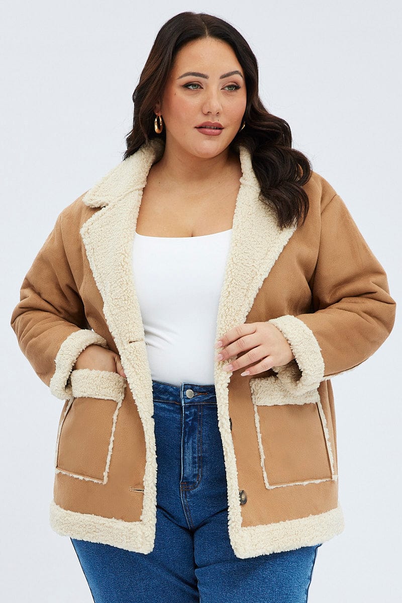Camel Shearling Coat Faux Suede for YouandAll Fashion