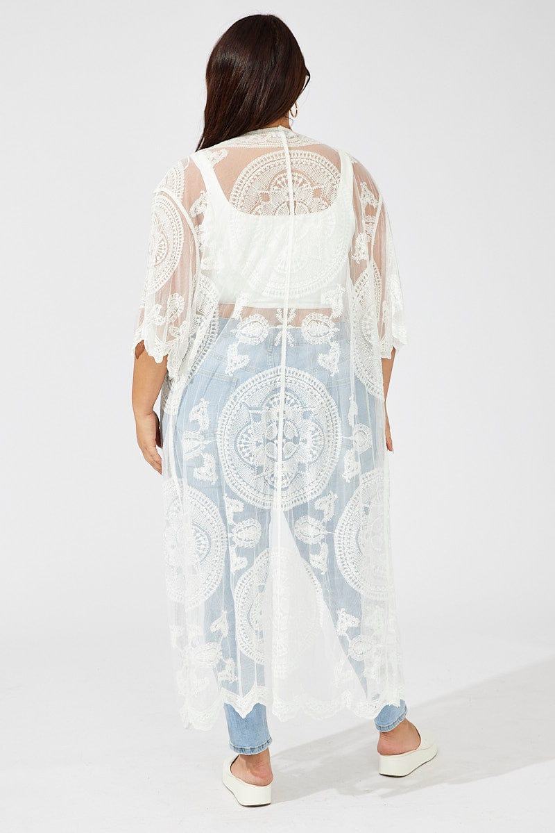 White Longline Embroidered Mesh Kimono for YouandAll Fashion