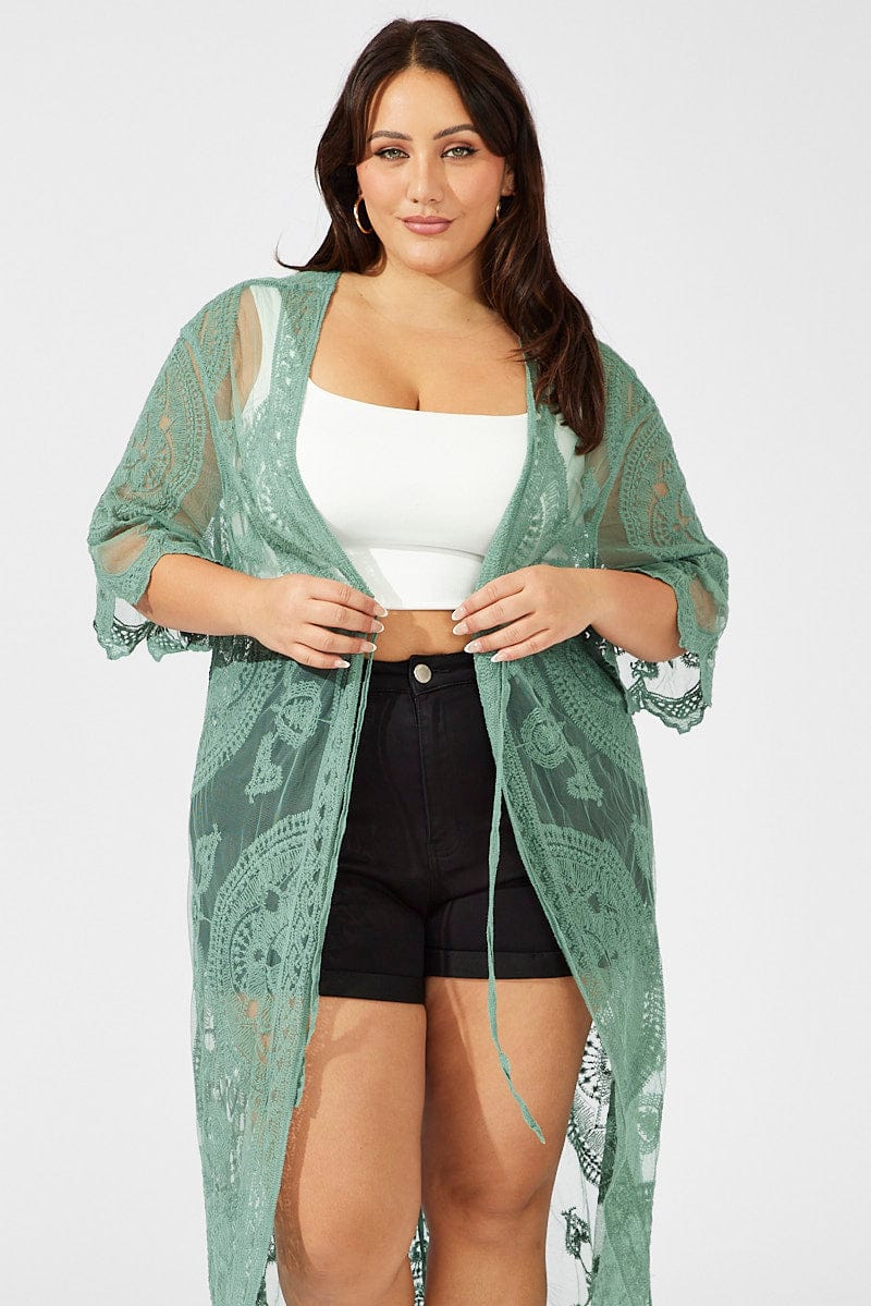 Green Longline Embroidered Mesh Kimono for YouandAll Fashion