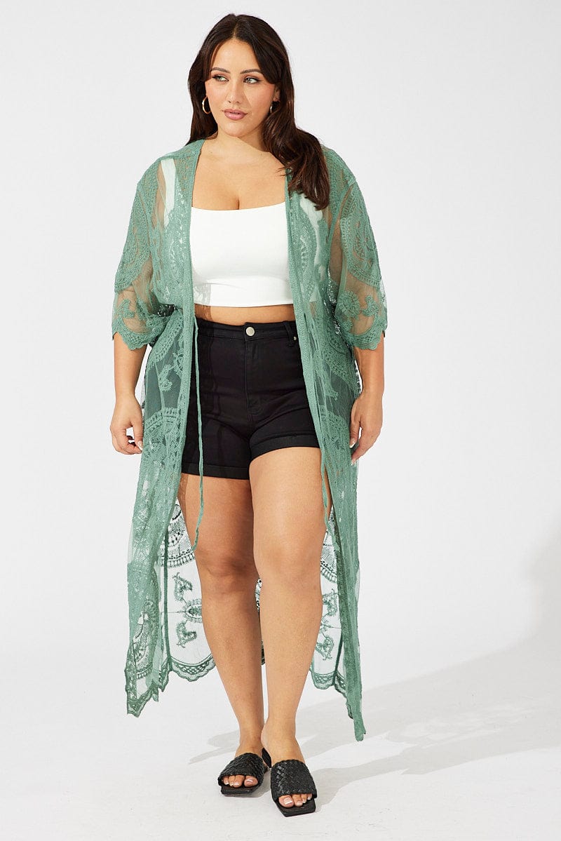 Green Longline Embroidered Mesh Kimono for YouandAll Fashion