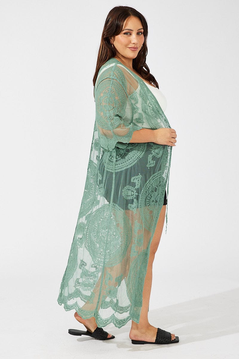 Green Longline Embroidered Mesh Kimono for YouandAll Fashion