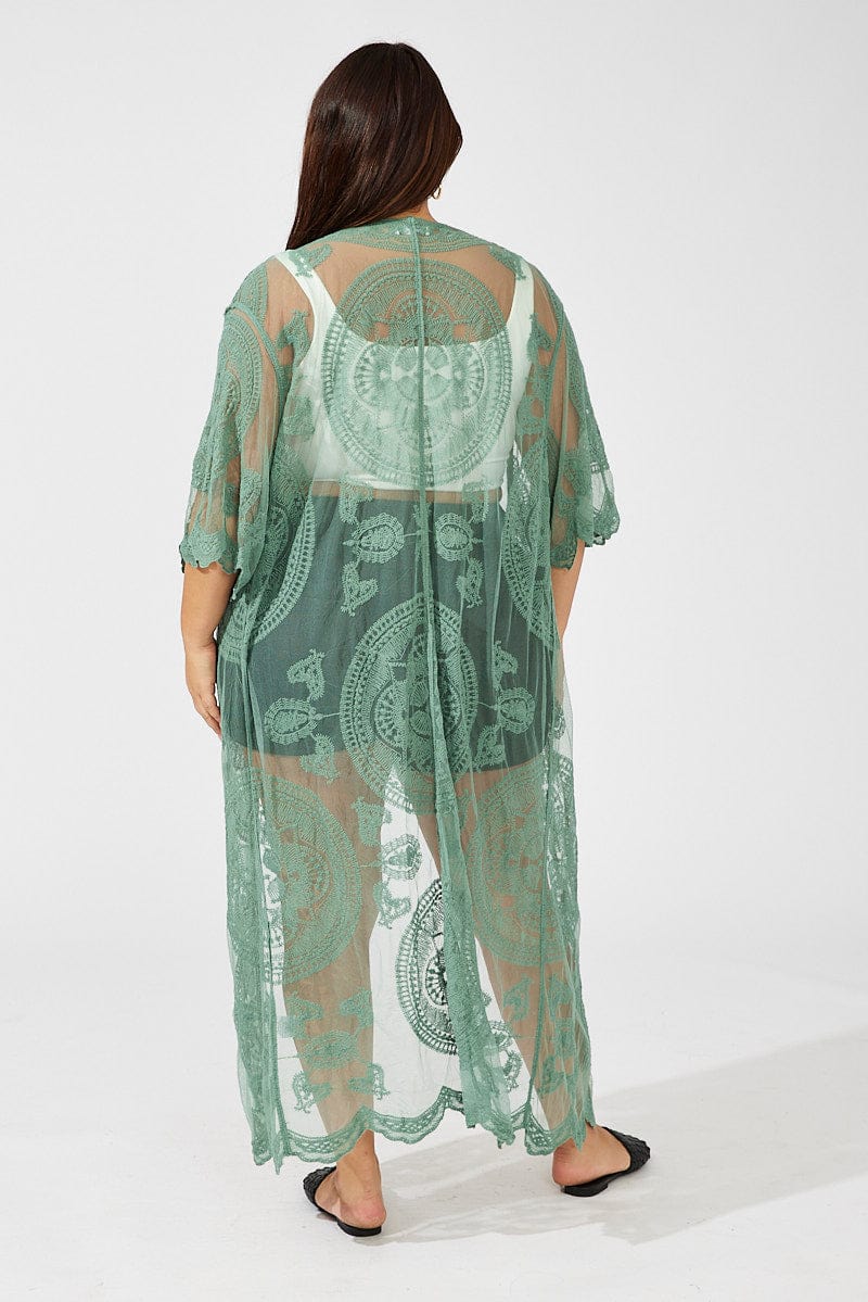 Green Longline Embroidered Mesh Kimono for YouandAll Fashion