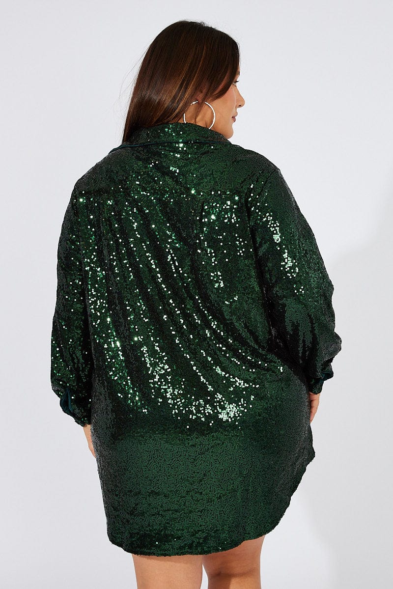 Green Sequin Long Overshirt Jacket for YouandAll Fashion