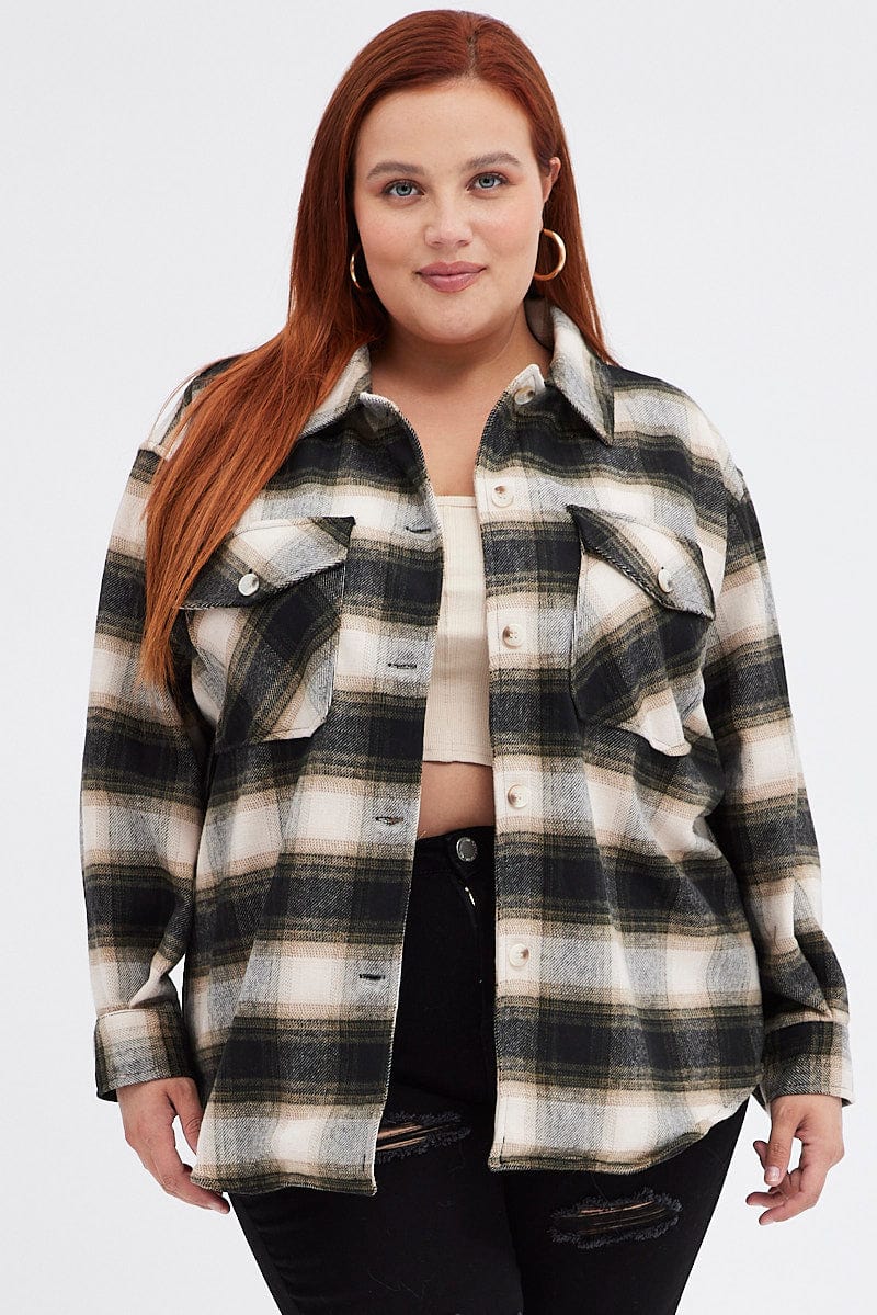 Brown Check Plaid Shacket Country Long Sleeve for YouandAll Fashion