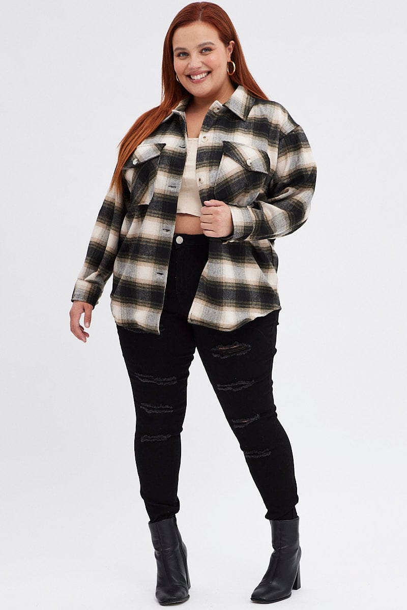 Plus Size Shacket Outfit Brown Check Plaid Shacket Country Long