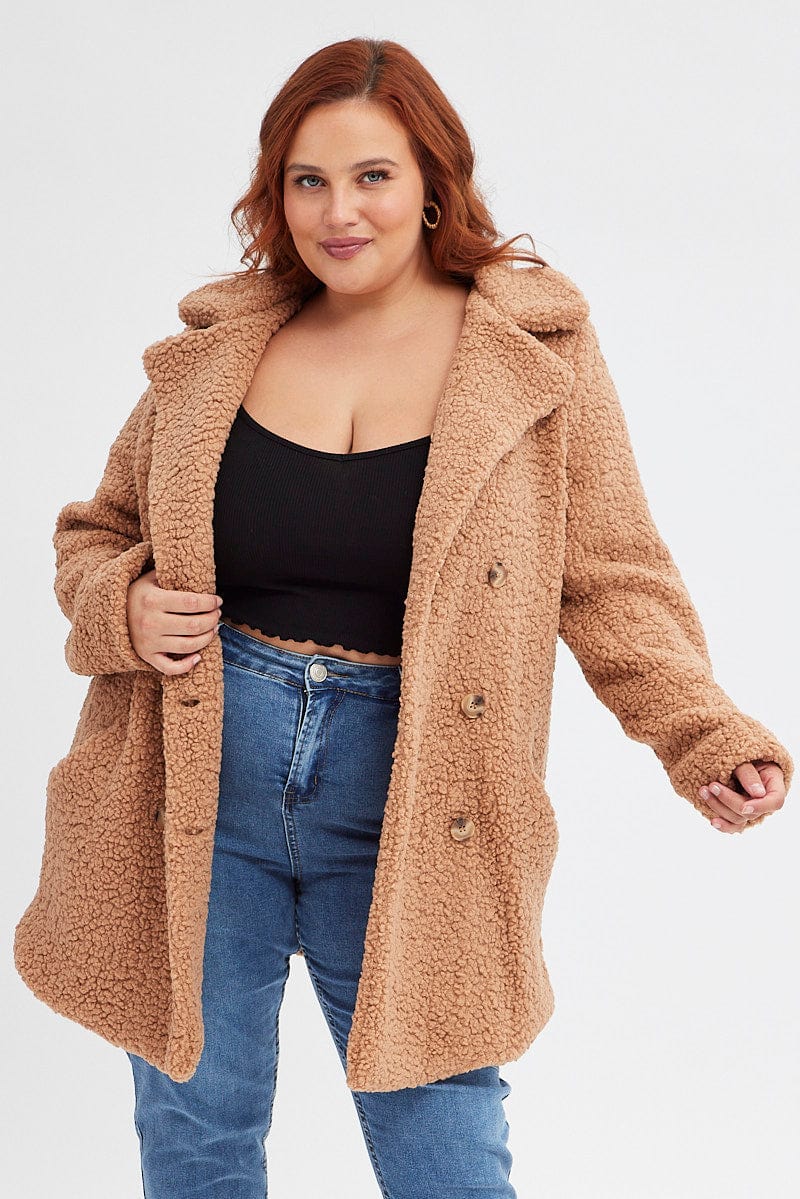 Camel Long Sleeve Double Breasted Teddy Coat for YouandAll Fashion