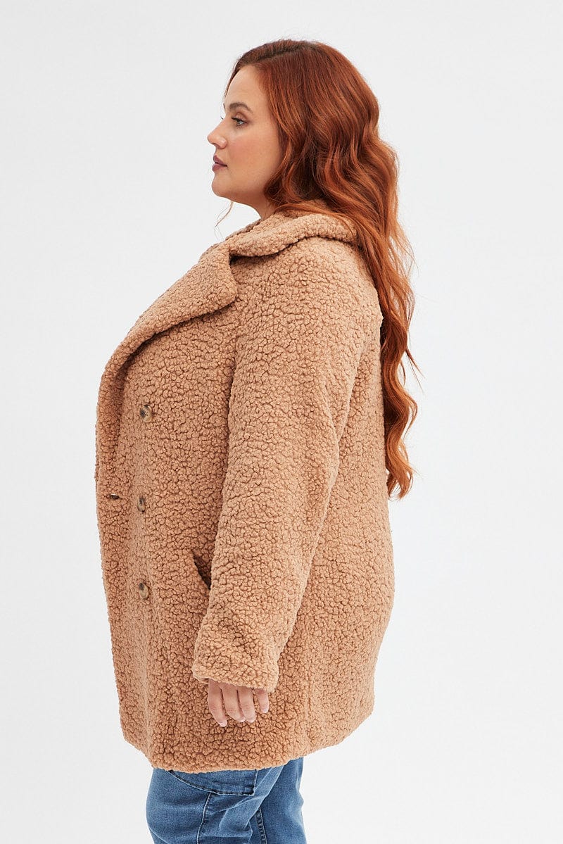Camel Long Sleeve Double Breasted Teddy Coat for YouandAll Fashion