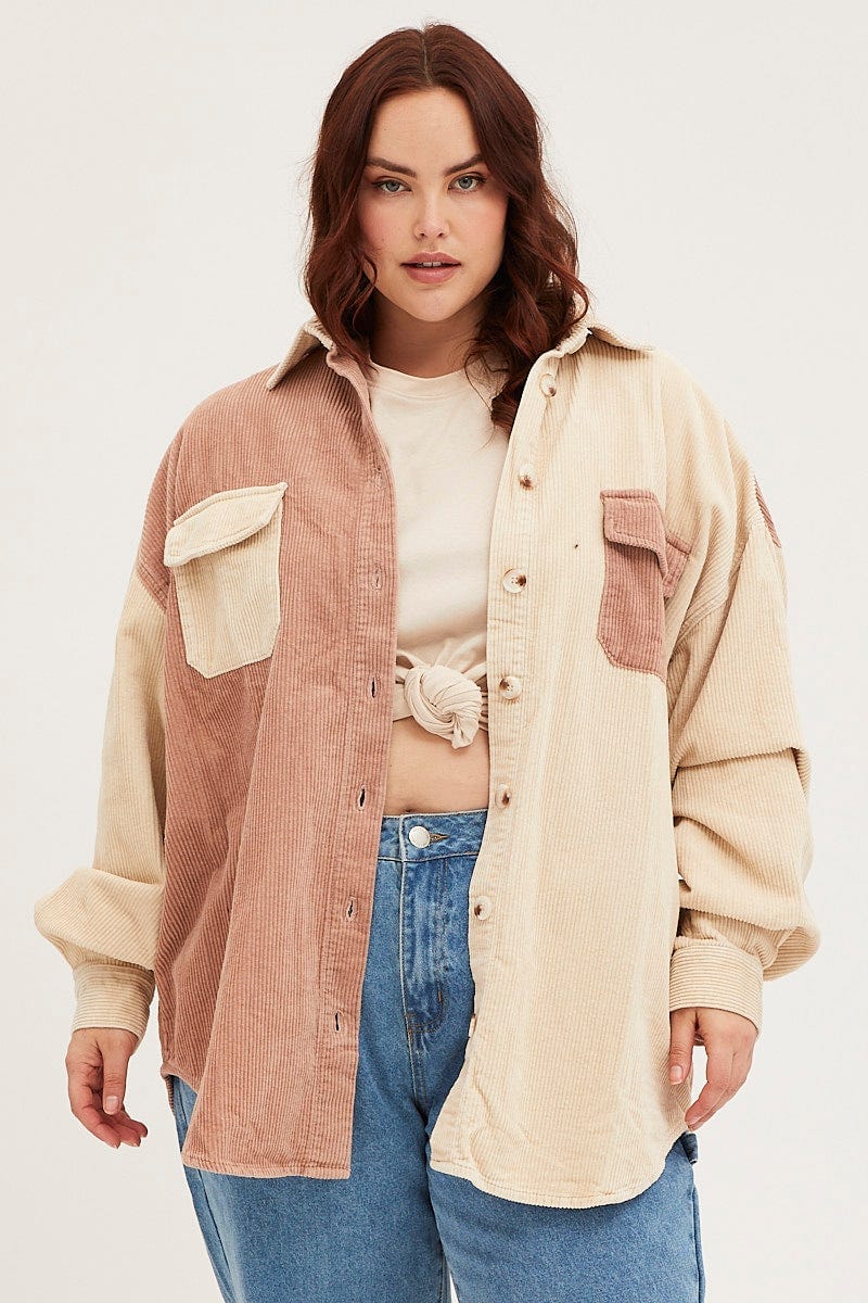 Multi Colour Long Sleeve Colourblock Corduroy Shacket