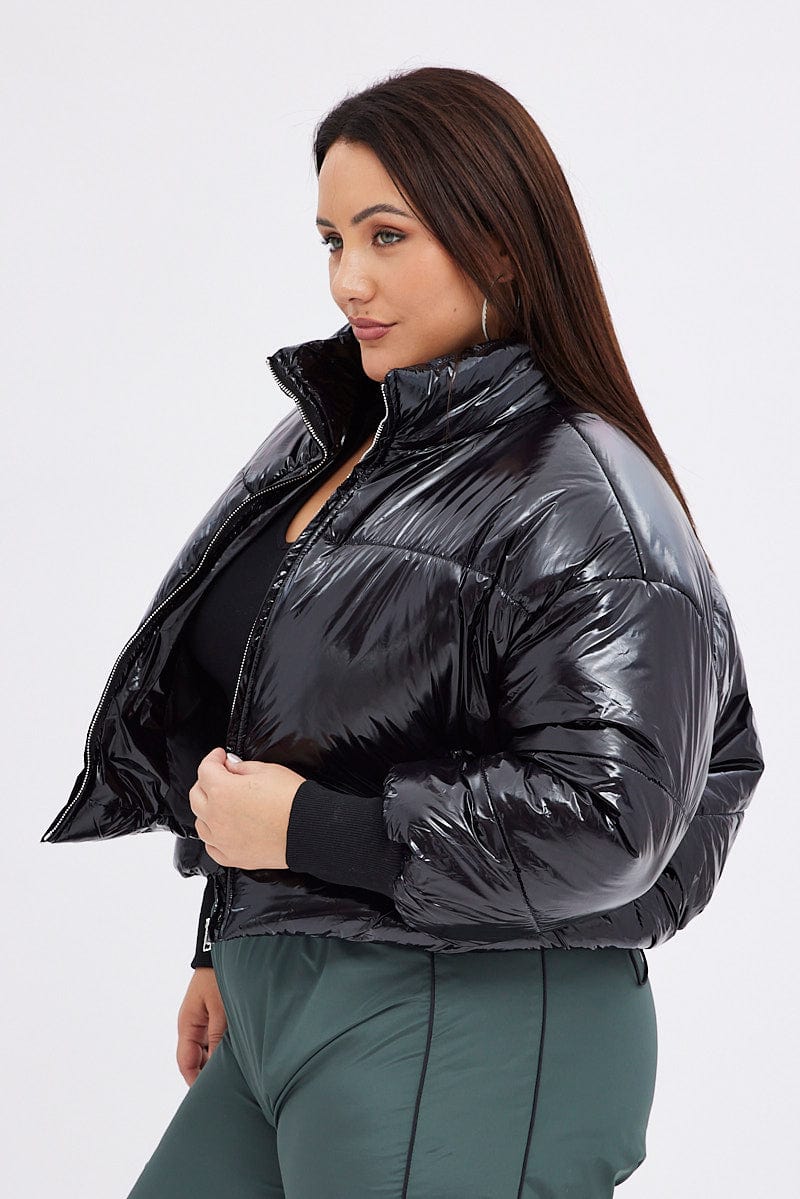 Cropped Shiny Black Long Puffer Coat Black Puffer Jacket Shiny Wet