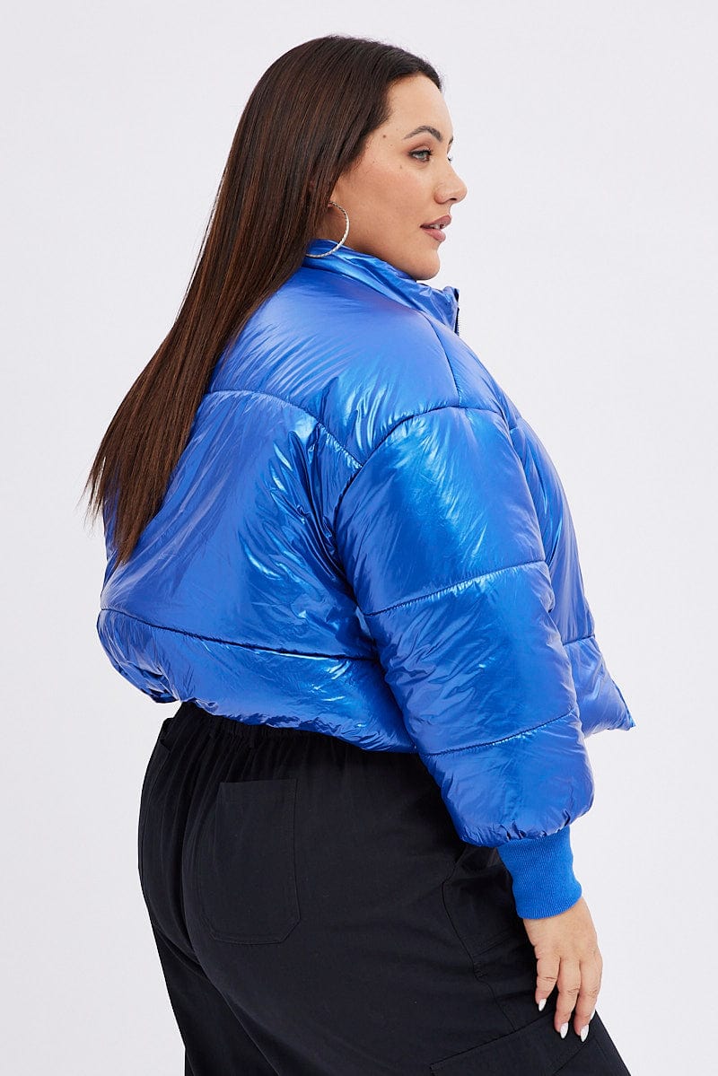 Blue Puffer Jacket Shiny Wet Look Lined Cropped for YouandAll Fashion