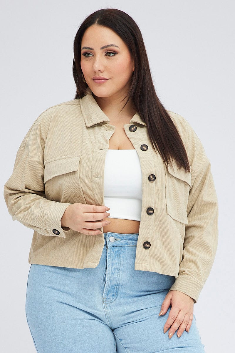 Beige Cord Crop Jacket Long Sleeve for YouandAll Fashion