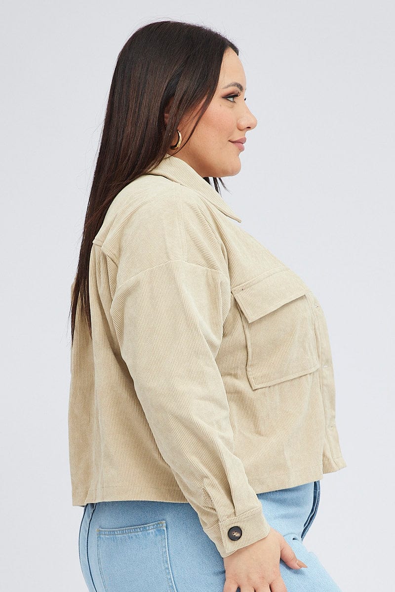 Beige Cord Crop Jacket Long Sleeve for YouandAll Fashion