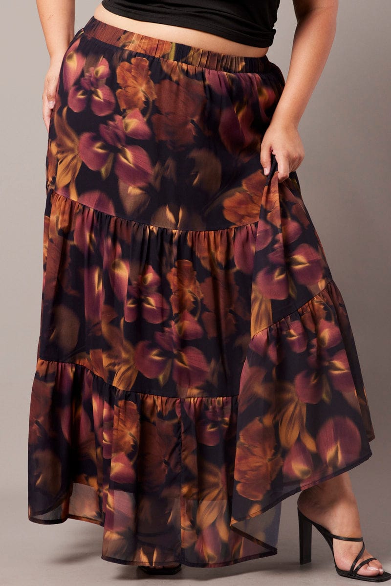Black Floral Chiffon Elastic Waist Maxi Skirt for YouandAll Fashion