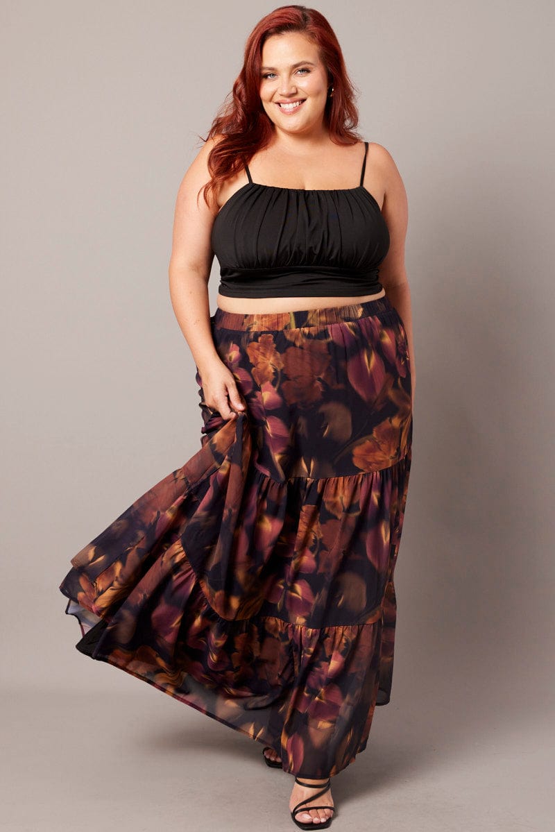Black Floral Chiffon Elastic Waist Maxi Skirt for YouandAll Fashion