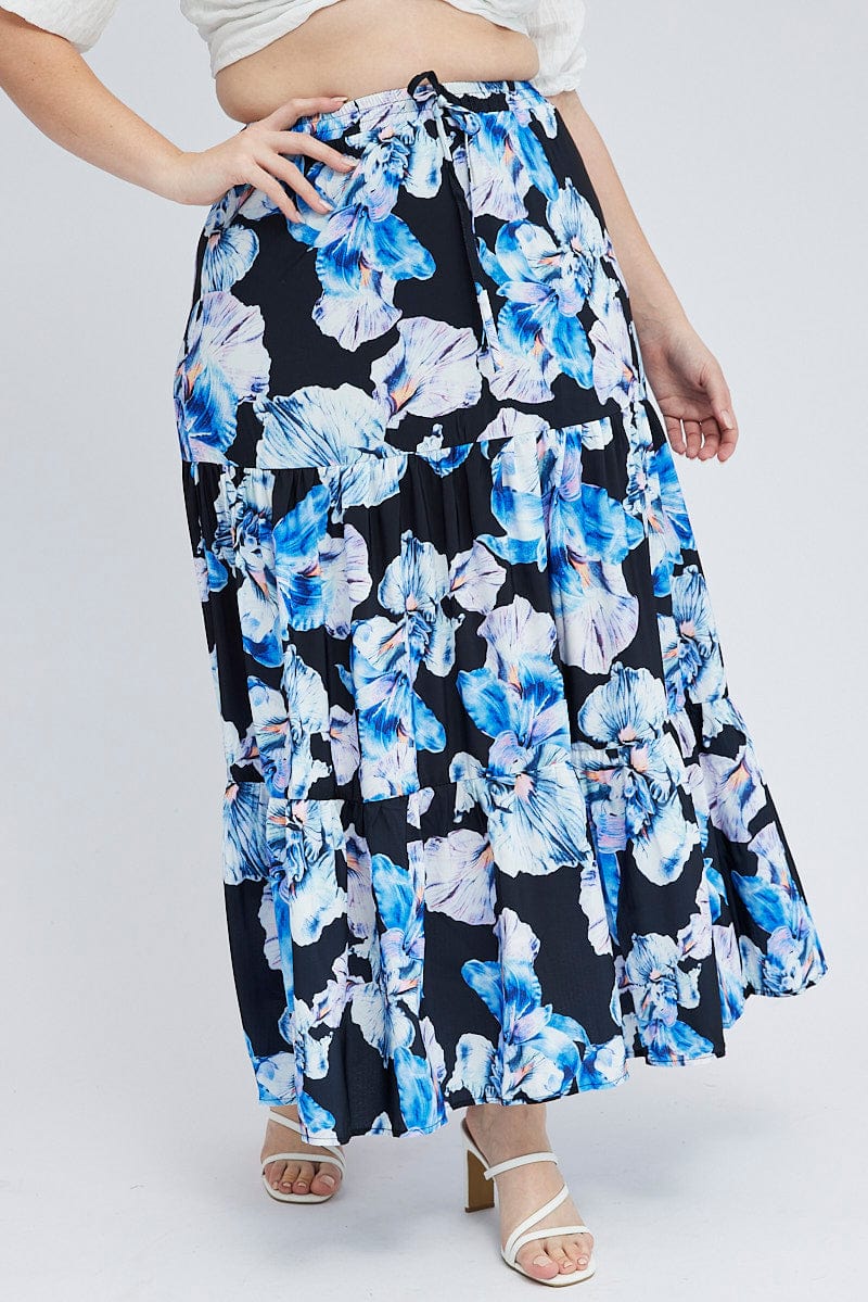 Black Floral Elastic Waist Maxi Skirt for YouandAll Fashion