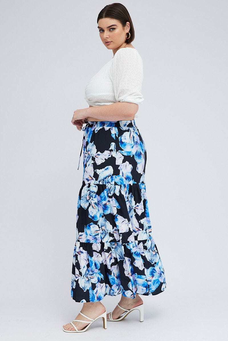 Black Floral Elastic Waist Maxi Skirt for YouandAll Fashion