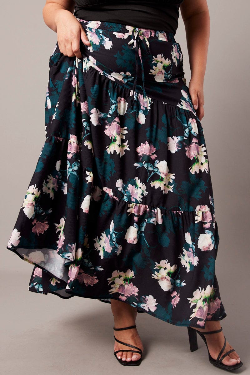 Black Floral Maxi Skirt Elastic Waist Tiered for YouandAll Fashion
