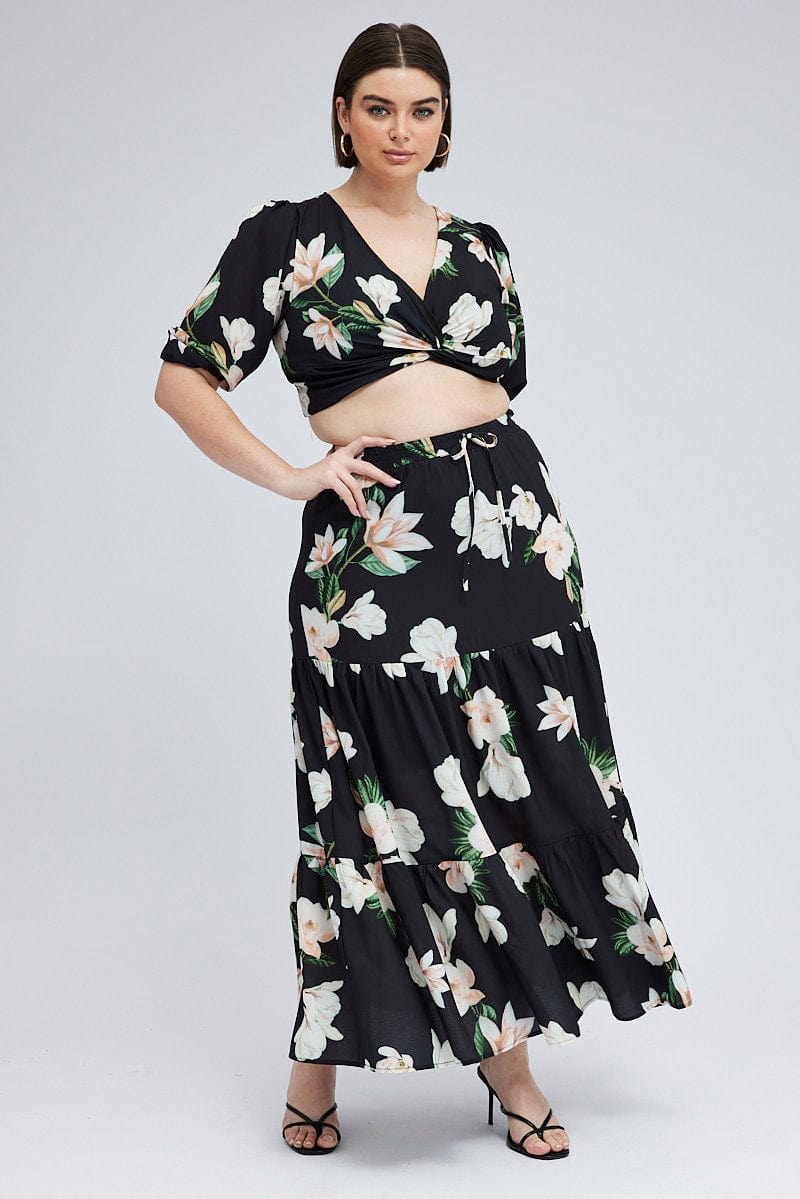 Black Floral Elastic Waist Maxi Skirt for YouandAll Fashion