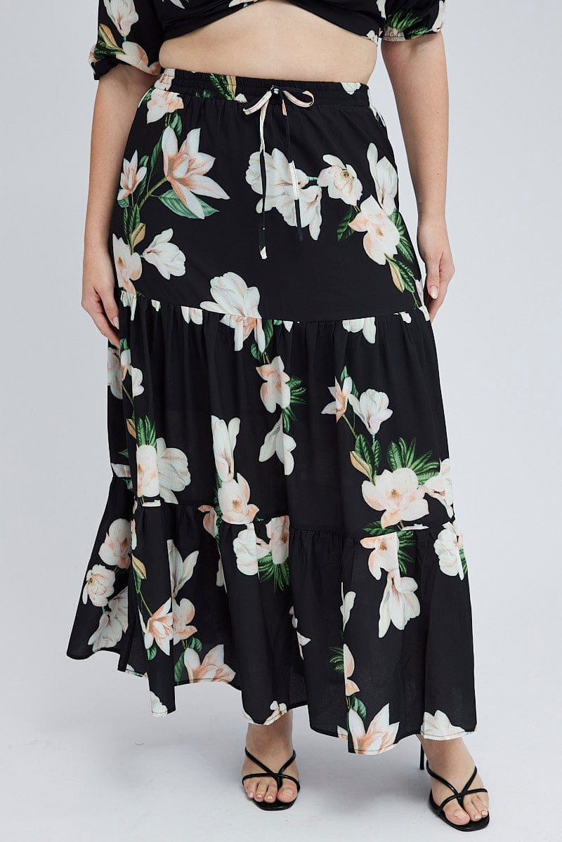 Black Floral Elastic Waist Maxi Skirt for YouandAll Fashion