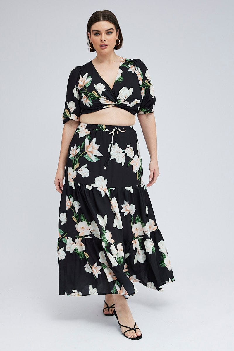Black Floral Elastic Waist Maxi Skirt for YouandAll Fashion