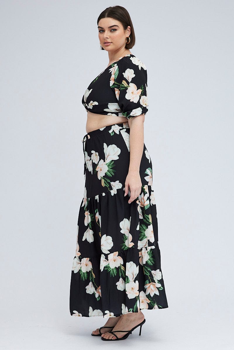 Black Floral Elastic Waist Maxi Skirt for YouandAll Fashion