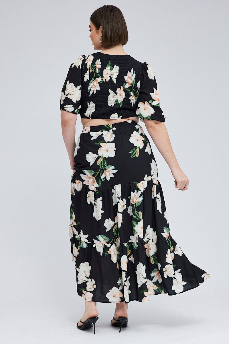 Black Floral Elastic Waist Maxi Skirt for YouandAll Fashion