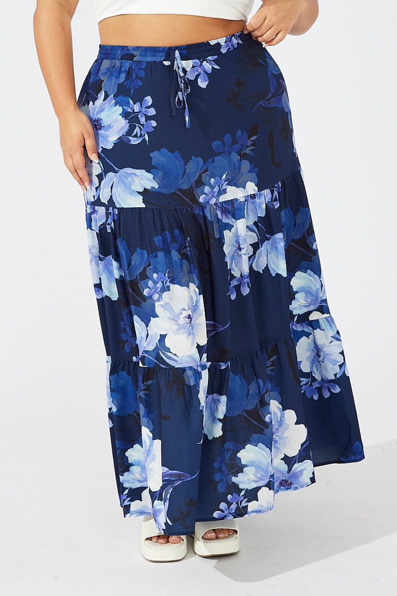 Blue Floral Maxi Skirt Elastic Waist for YouandAll Fashion