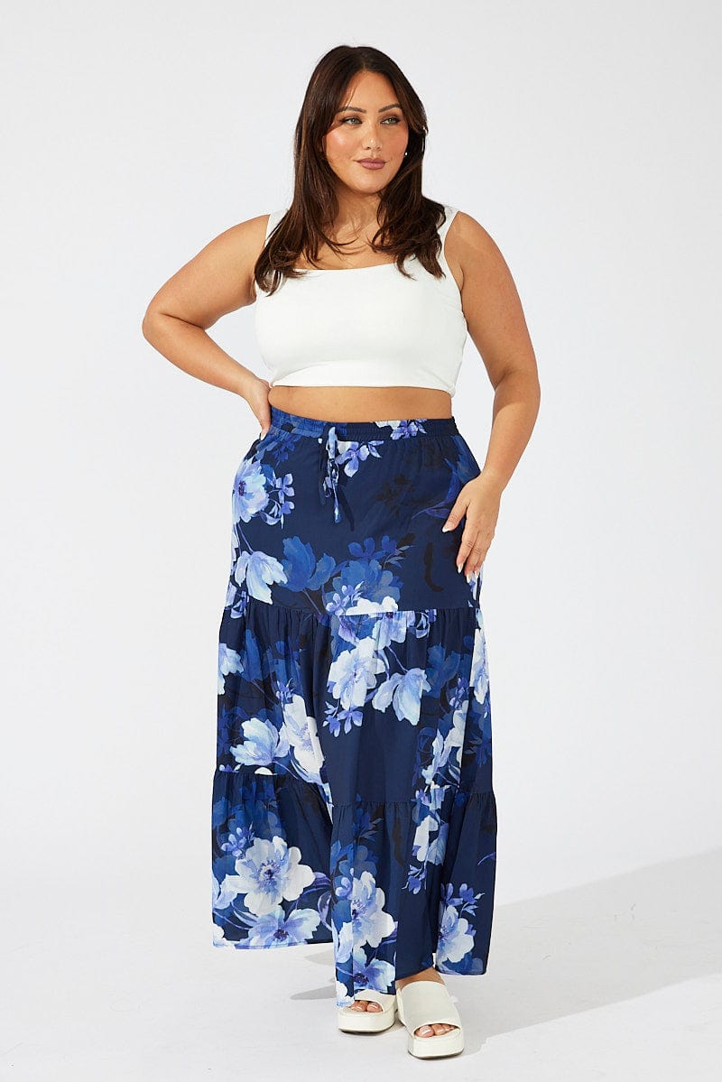 Blue Floral Maxi Skirt Elastic Waist for YouandAll Fashion