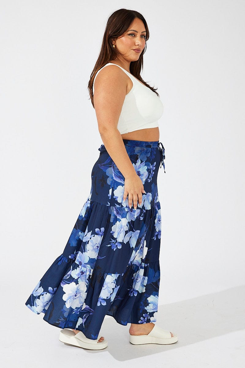Blue Floral Maxi Skirt Elastic Waist for YouandAll Fashion