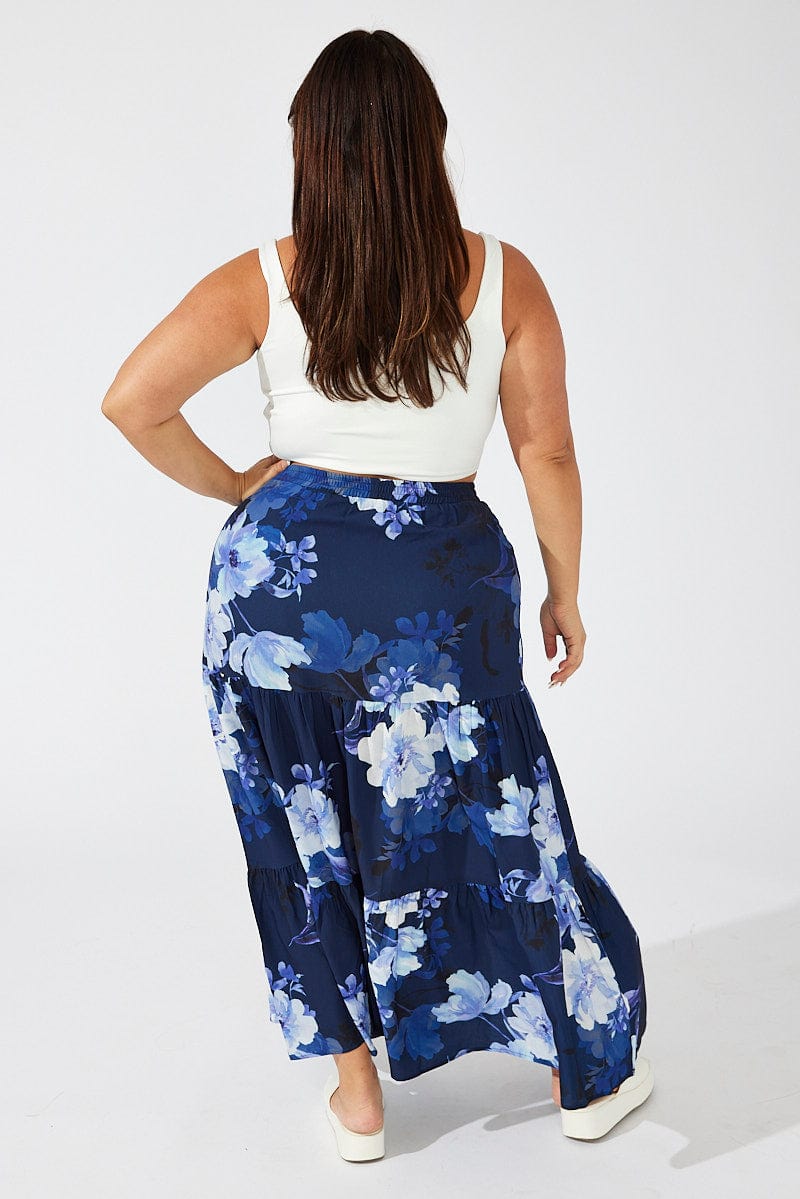 Blue Floral Maxi Skirt Elastic Waist for YouandAll Fashion