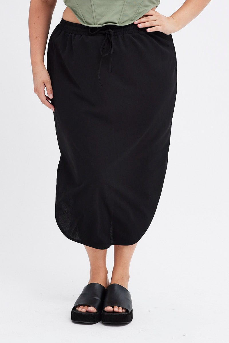 Black Maxi Skirt Elastic Waist Curve Hem for YouandAll Fashion