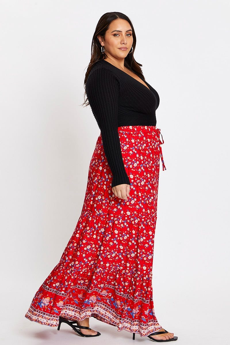Boho Prt Elastic Waist Red Boho Print Maxi Skirt For Women By You And All