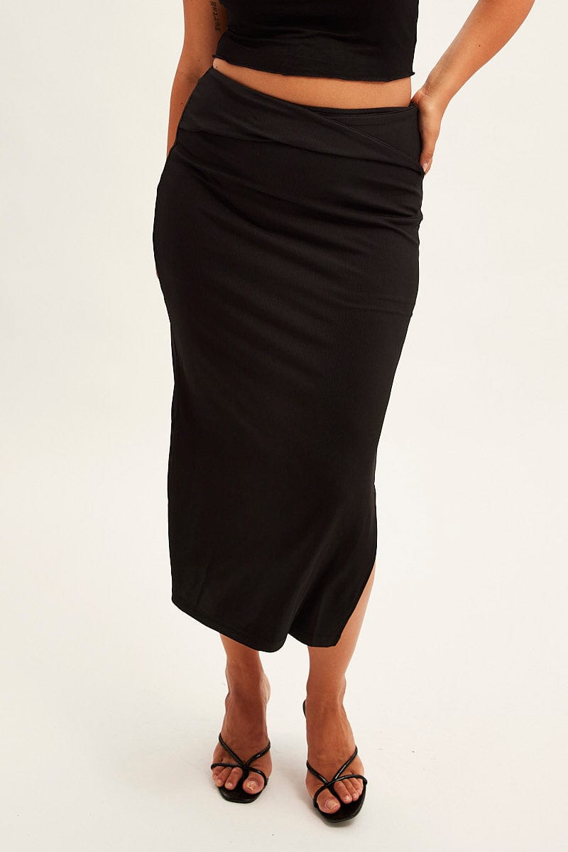 Black Midi Skirt High Rise Pencil Ribbed for YouandAll Fashion