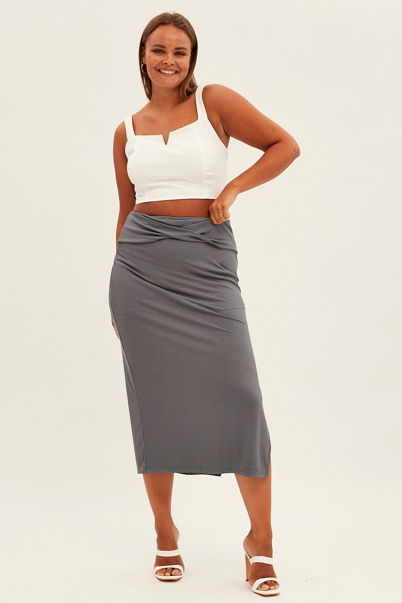 Grey Midi Skirt High Rise Pencil Ribbed for YouandAll Fashion