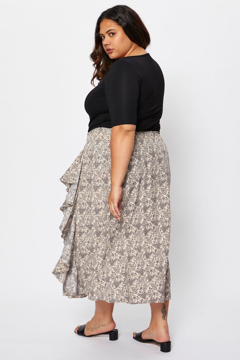 Floral Skirt Midi Ruffle Wrap Skirt Floral Ruffle Hem Wrap Front