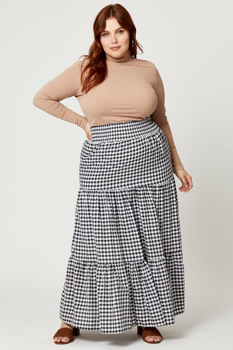 Check Plus Check Print Elastic Waist Maxi Skirt For Women By You And All