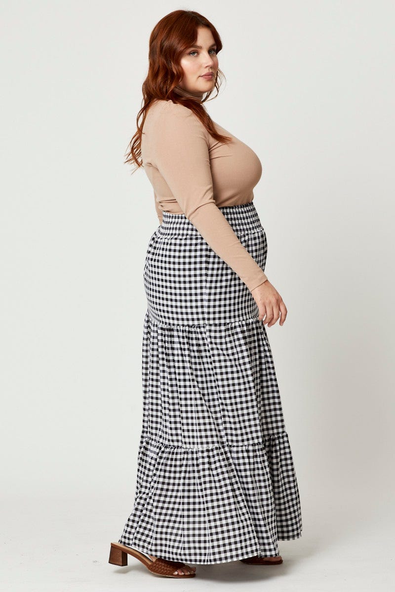 Check Plus Check Print Elastic Waist Maxi Skirt For Women By You And All