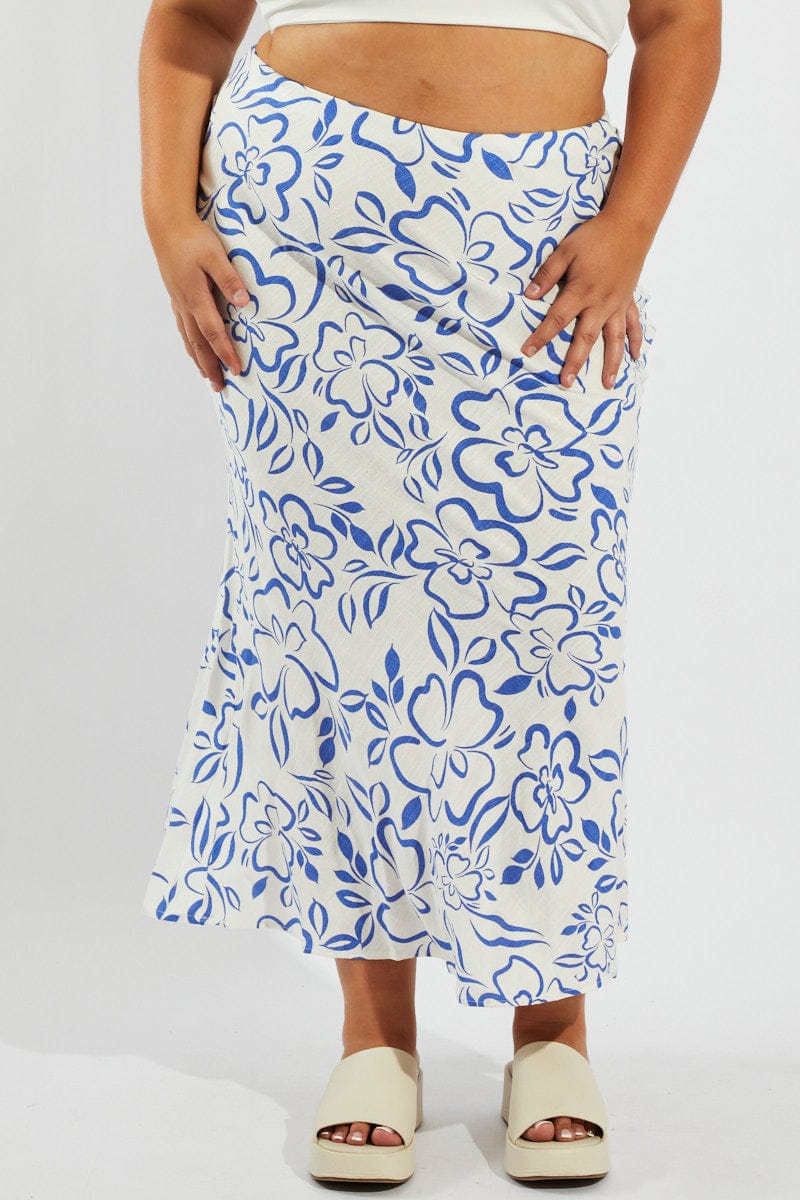 Blue Abstract Slip Skirt Linen Blend for YouandAll Fashion