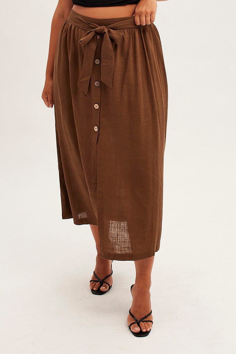 Brown Maxi Skirt Button Front Tie Waist for YouandAll Fashion