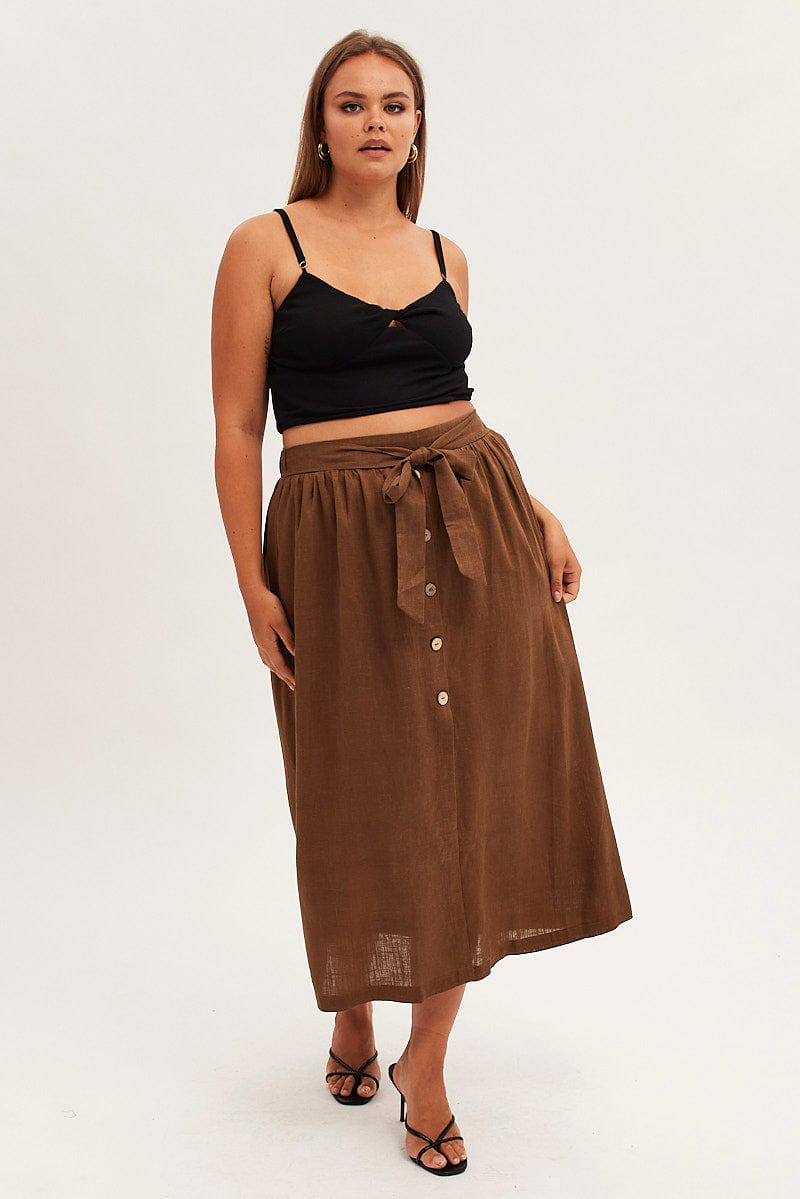 Brown Maxi Skirt Button Front Tie Waist for YouandAll Fashion