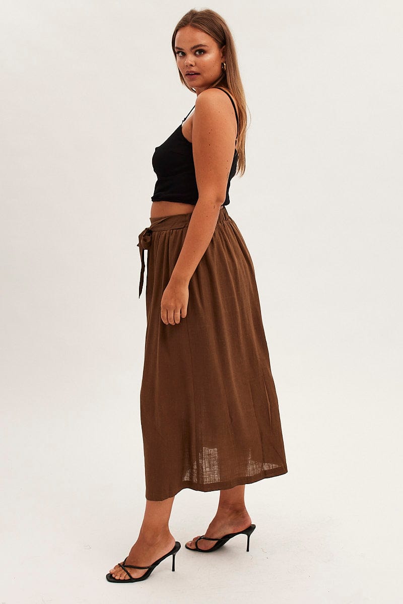 Brown Maxi Skirt Button Front Tie Waist for YouandAll Fashion