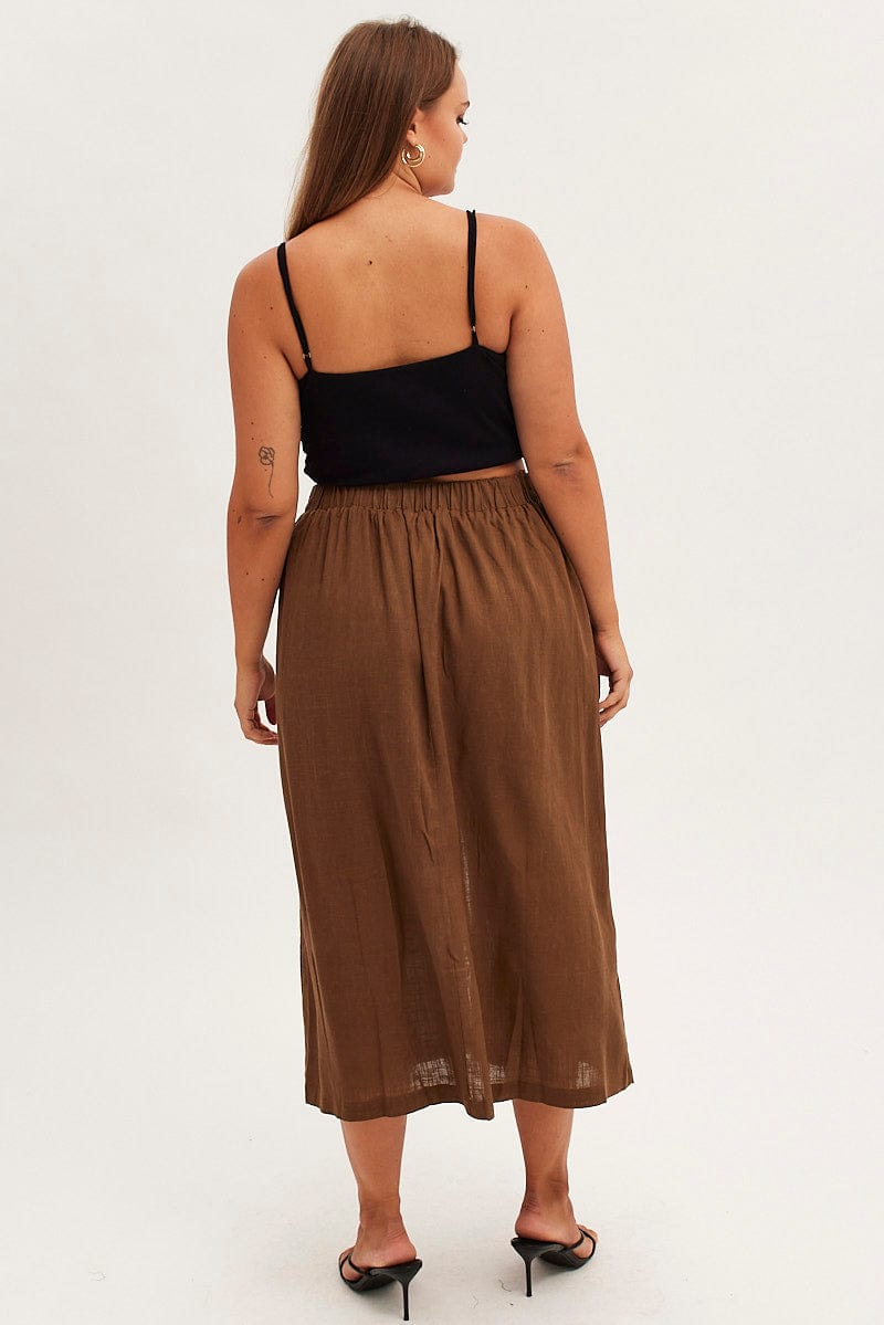 Brown Maxi Skirt Button Front Tie Waist for YouandAll Fashion