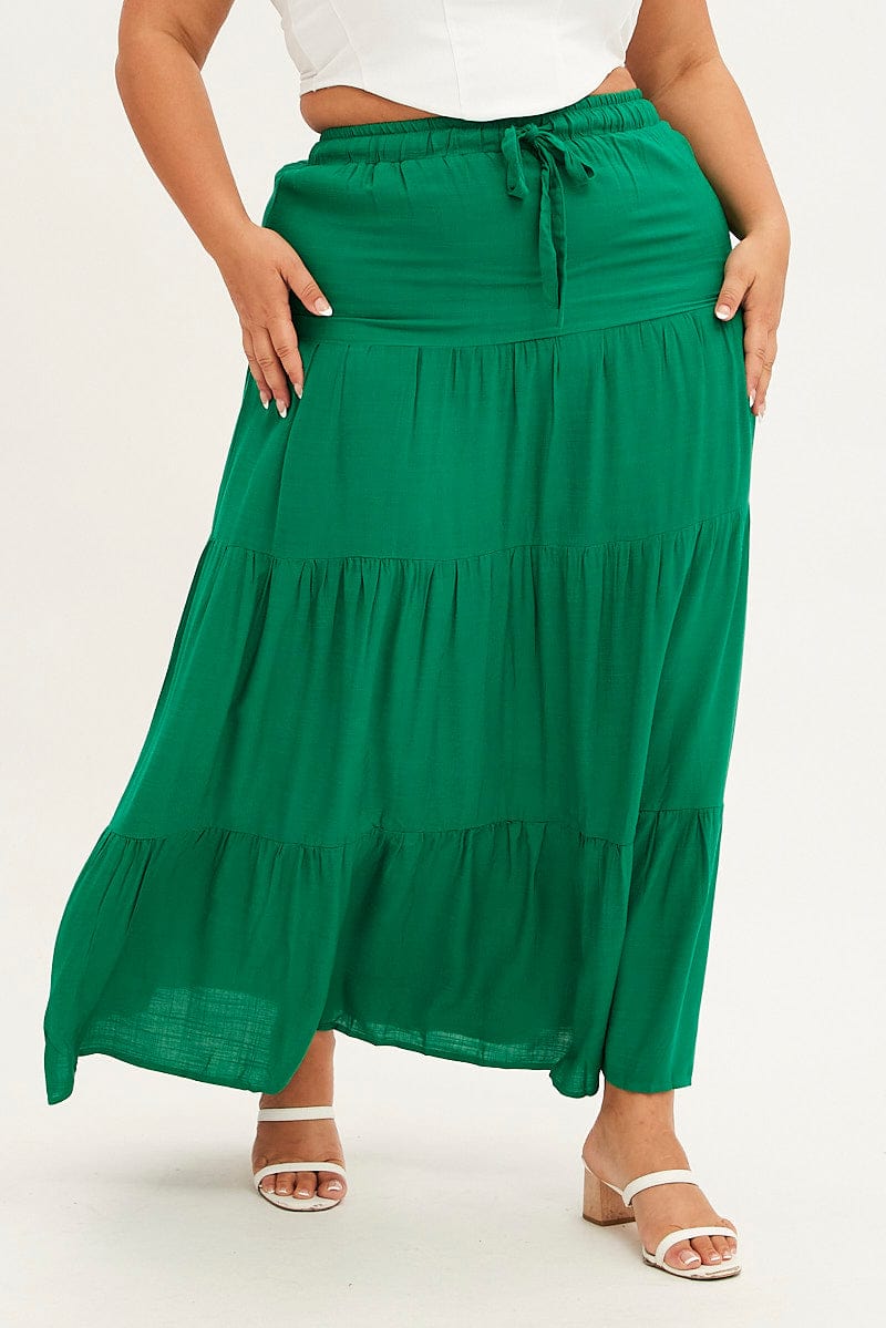 Green Maxi Skirt High Waist Tiered for YouandAll Fashion