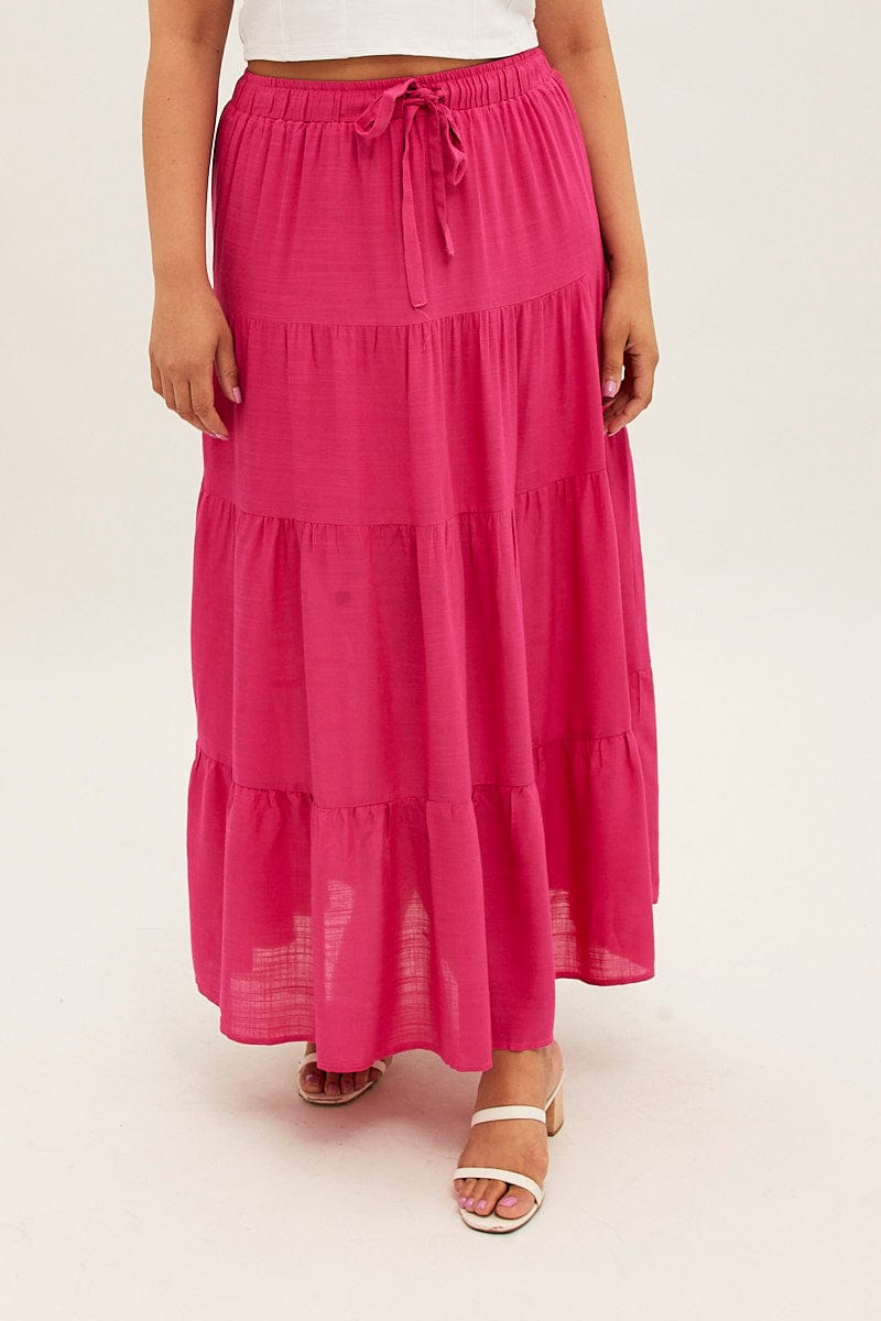 Pink Maxi Skirt High Waist Tiered for YouandAll Fashion