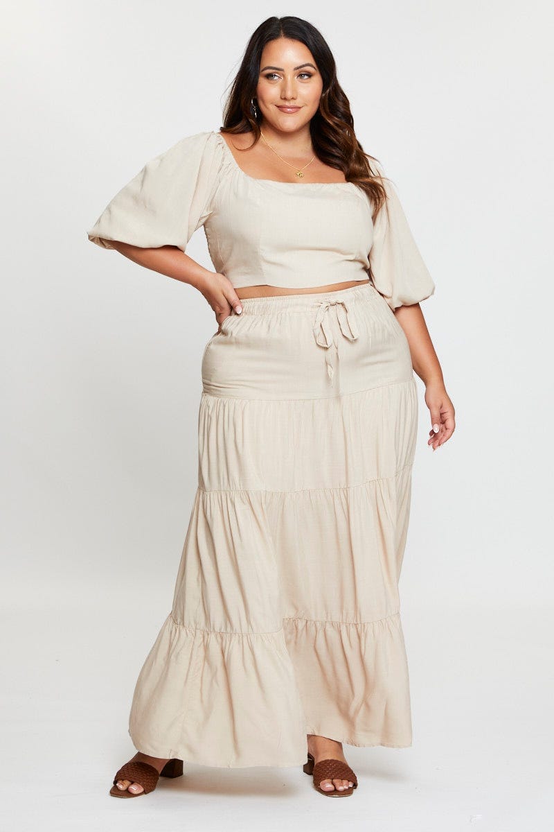 Nude High Waist Tiered Maxi Skirt for Women by You and All