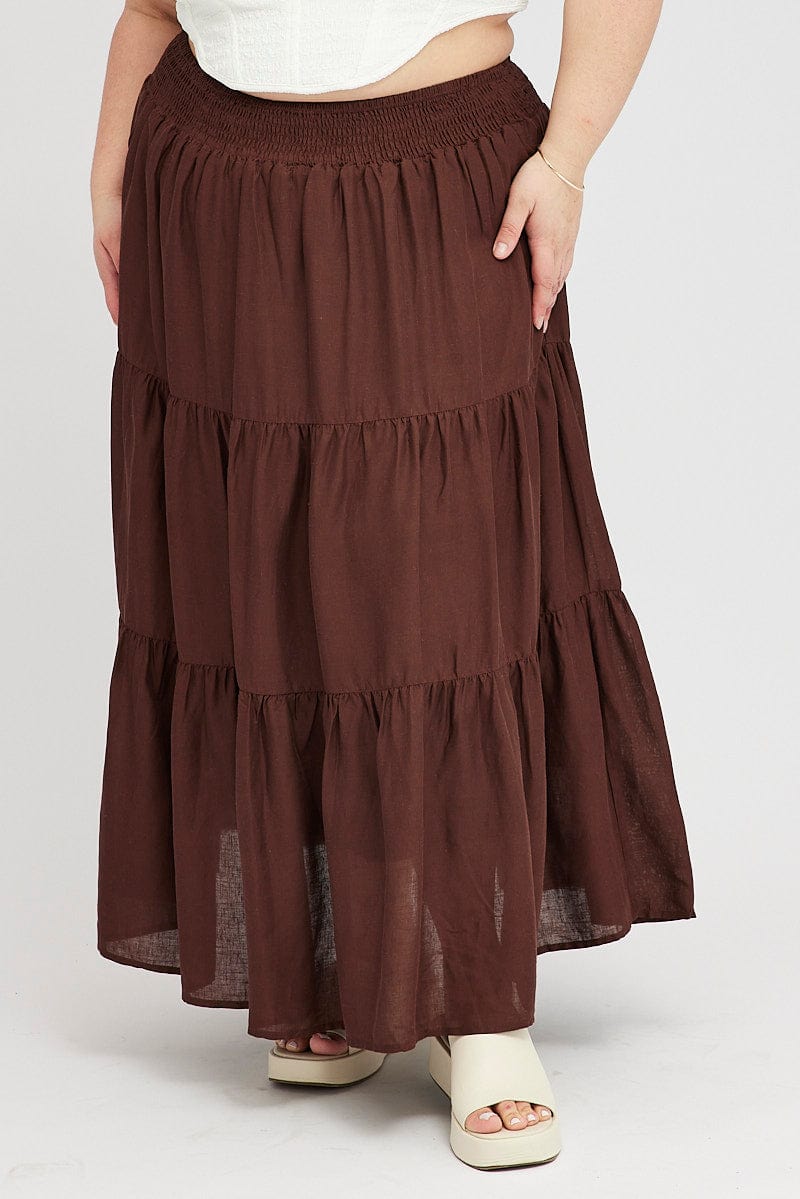 Brown Maxi Skirt Shirred Waist Tiered for YouandAll Fashion