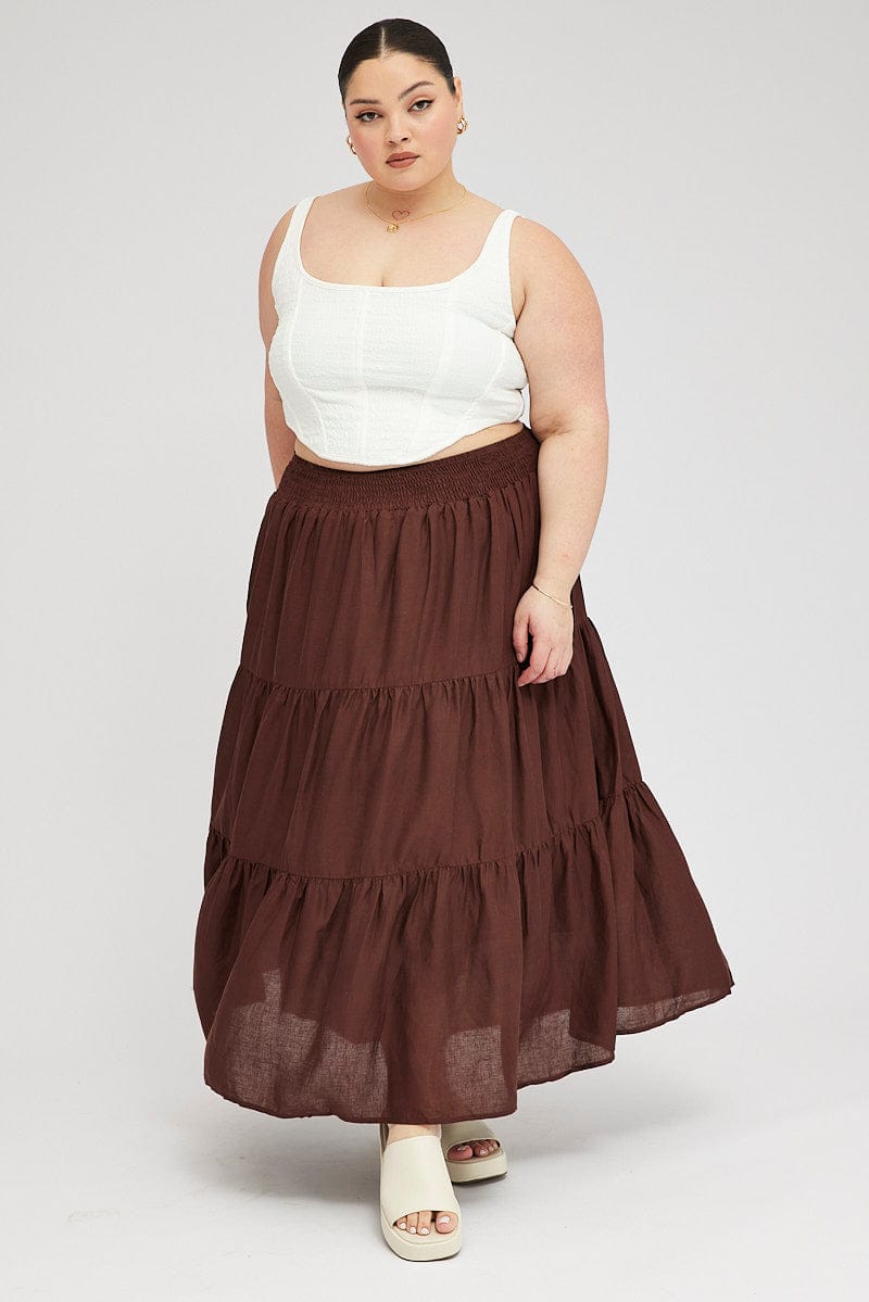 Brown Maxi Skirt Shirred Waist Tiered for YouandAll Fashion