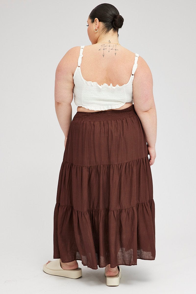 Brown Maxi Skirt Shirred Waist Tiered for YouandAll Fashion