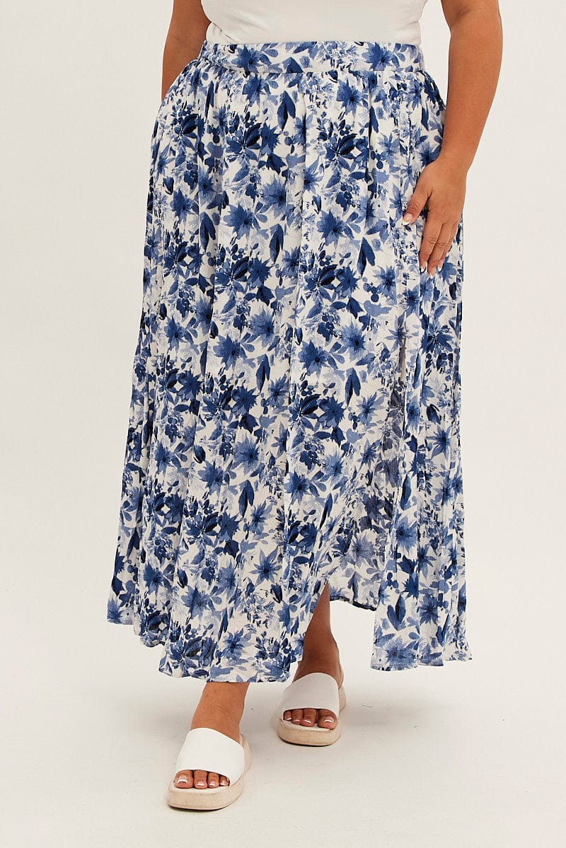 Blue Floral Maxi Skirt Elastic Waist Crinkle Rayon Side Split for YouandAll Fashion